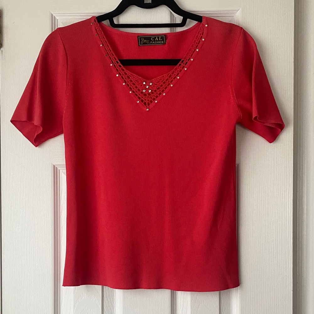 Women's Red Polyester Knit Top with Beaded Neckline